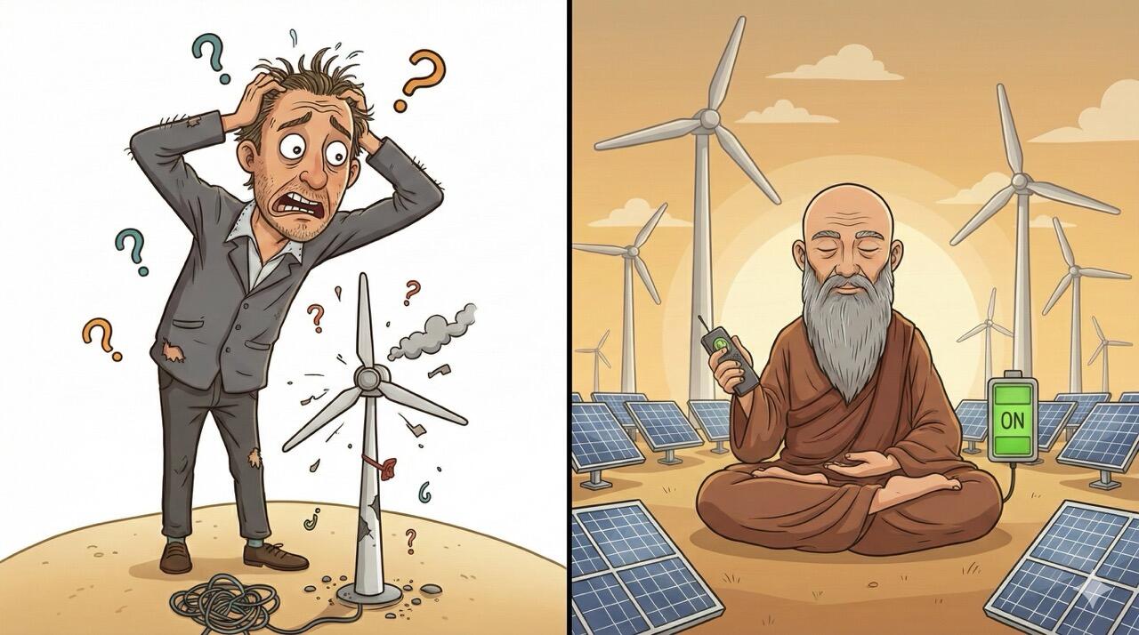 Humoristisches KI-Bild. Jahr des Zweifelns, No-Drama-Mönch.