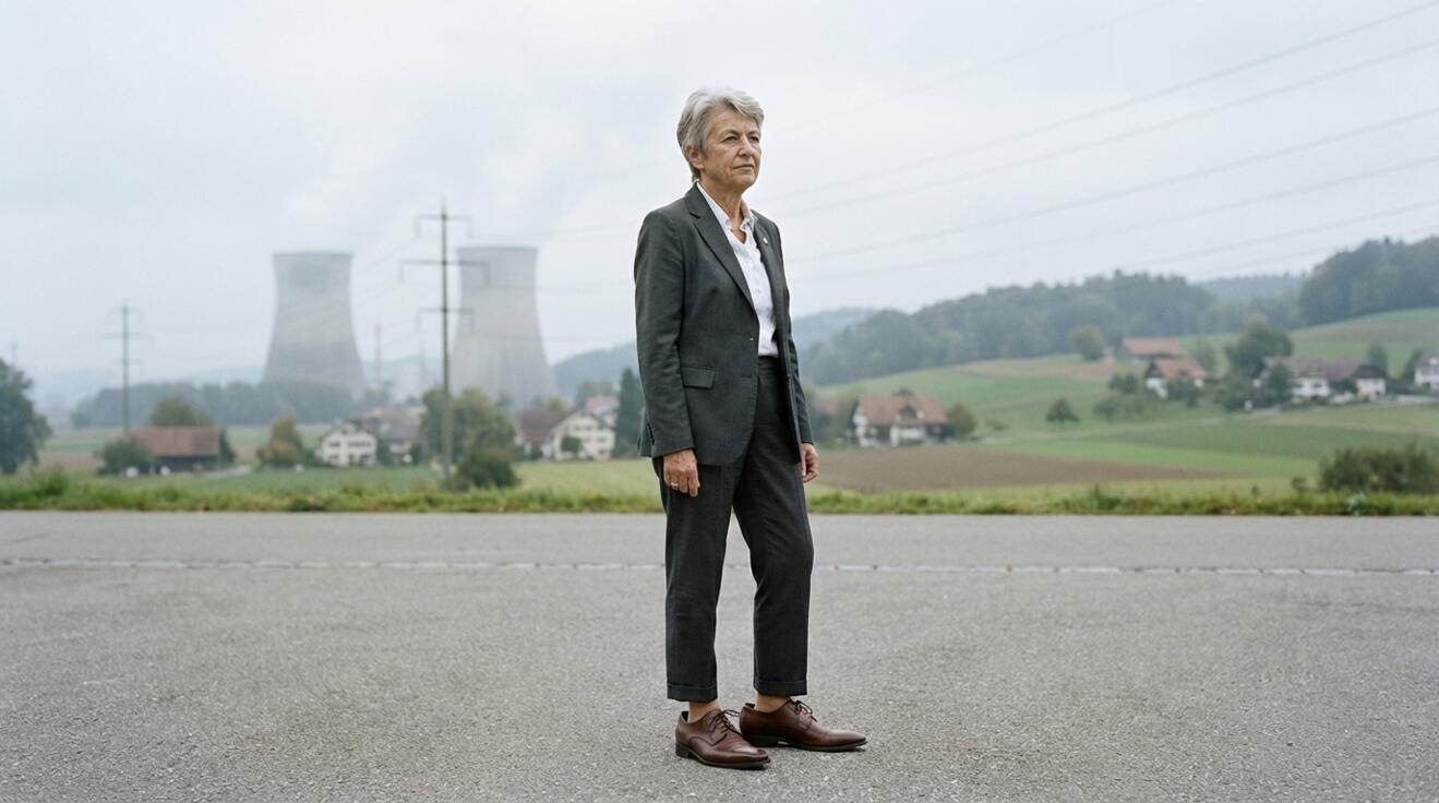 KI Symbolbild - Politikerin in viel zu grossen Schuhen vor AKW