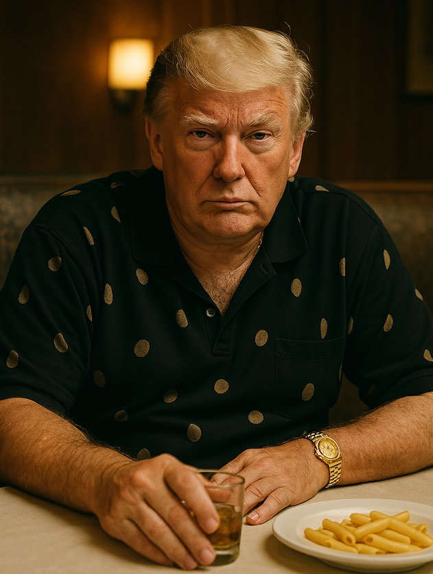KI-Bild: Donald Trump als Tony Soprano. Mit einem Teller Pasta