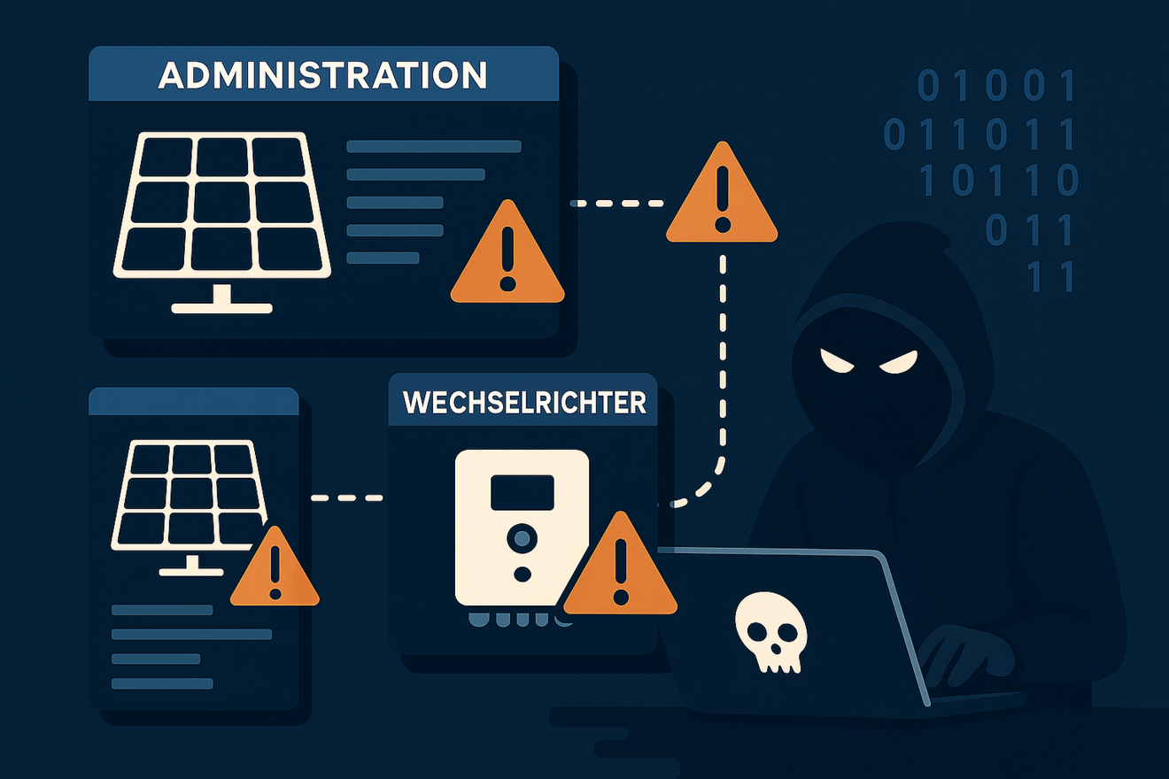 Schema eines Hackergriffs via Wechselrichter. (Illustration der KI)