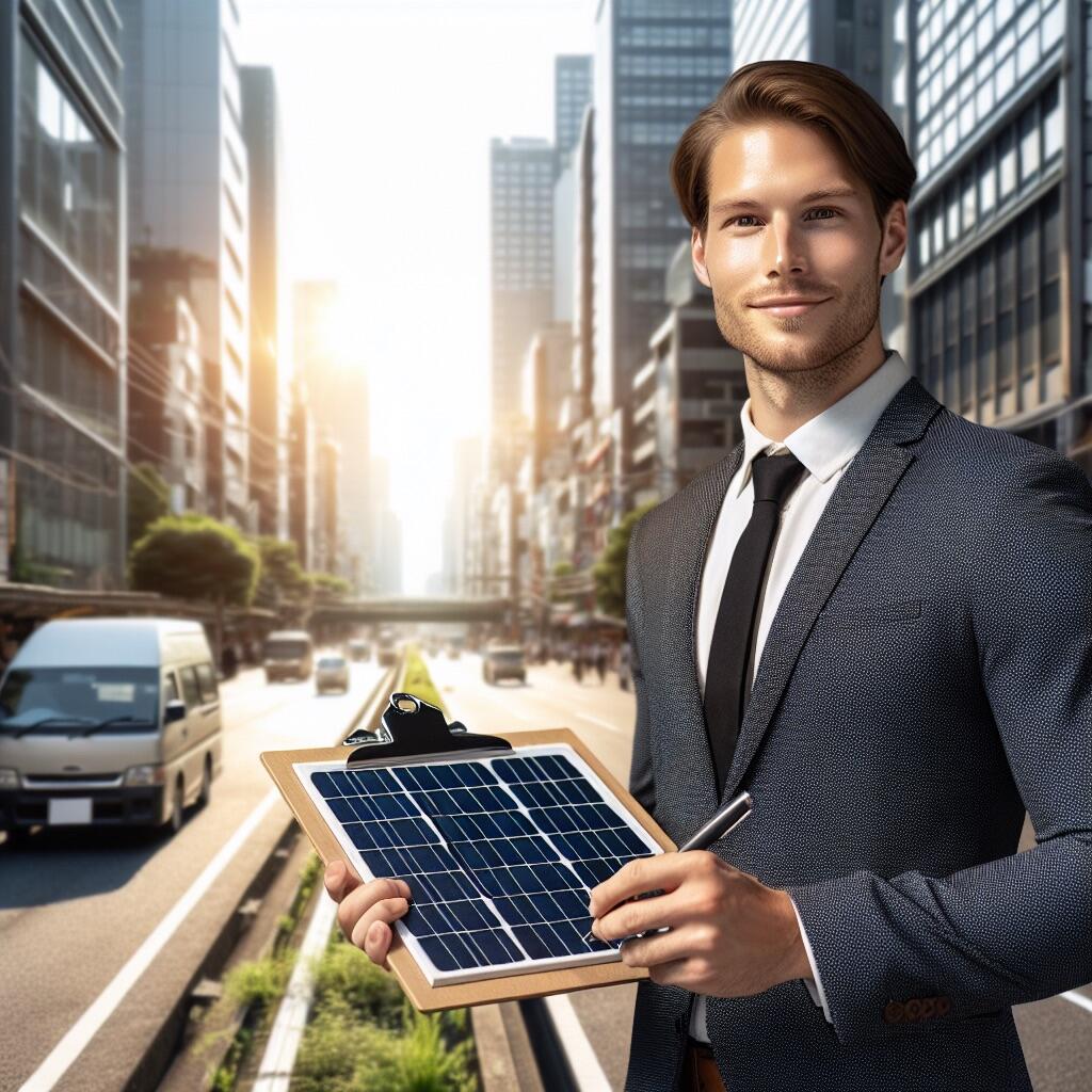 Mann auf einer Strasse, macht Umfrage mit einem Klemmbrett, das wie ein Solarpanel aussieht.
