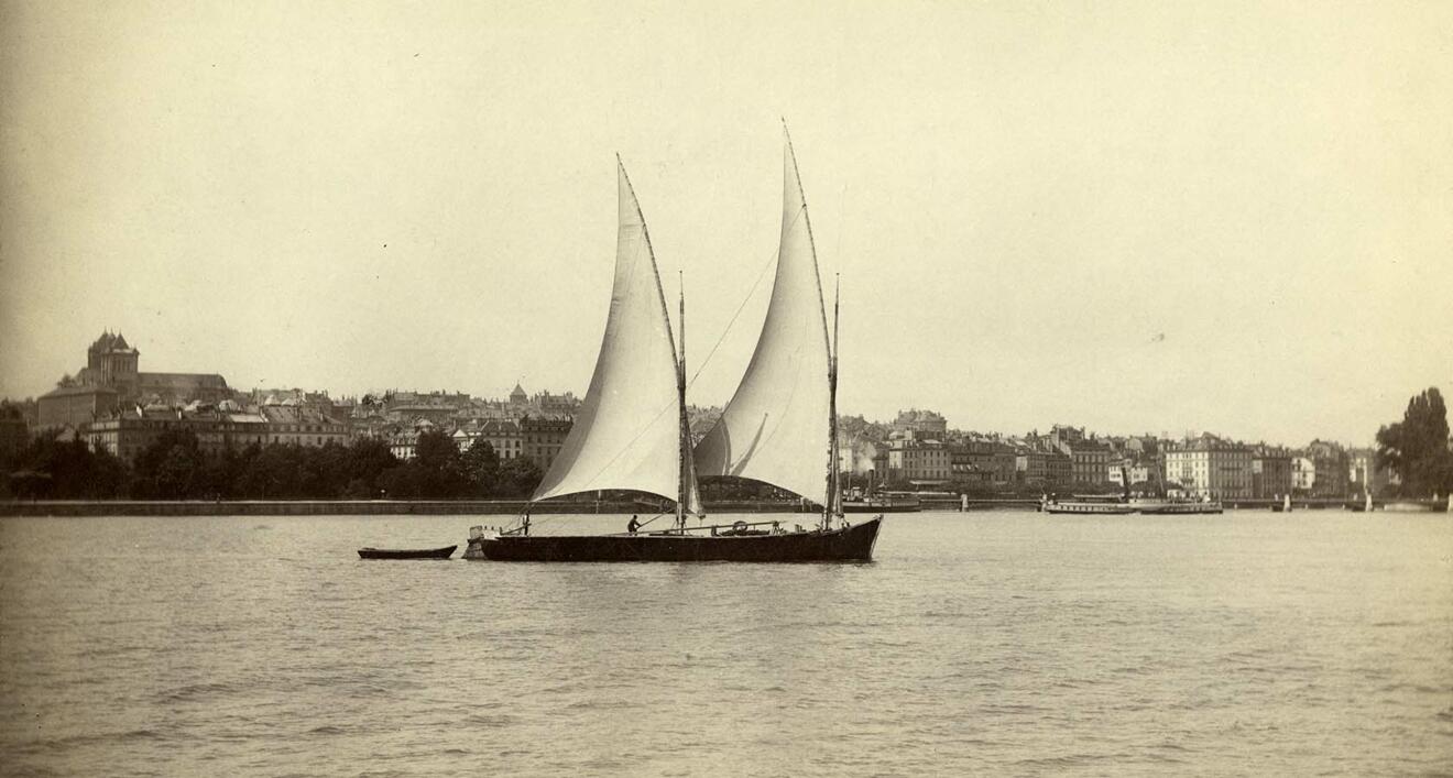 Bibliothèque de Genève Bildlegende: Eine Frachtbarke bringt ihre Ladung nach Genf. Weil die Segler am Sonntag nicht fahren durften, gab es jeweils ab Mitternacht Rennen über den See. Die Gewinner hatten die besten Anlegeplätze.