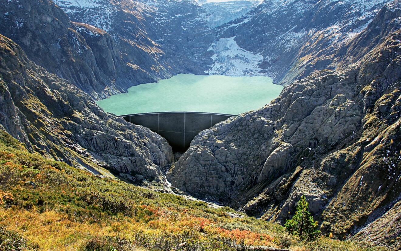 Eine Visualisierung der geplanten Staumauer im Triftsee.