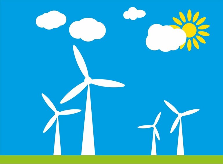 Symbolbild-Illustration: Weisse Windräder unter der Sonne.