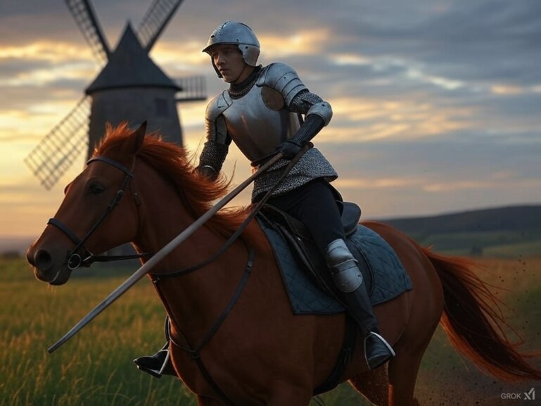KI-Symbolbild: Weidel im Kampf mit einer Windmühle