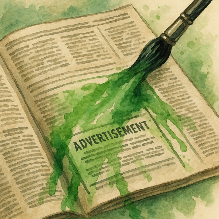 Grün bemalte Zeitungsanzeige. KI-Illustration