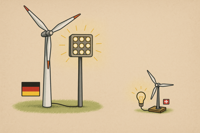 KI-Symbolbild: Deutschland versorgt Flutlichter, die Schweiz eine Glühbirne.